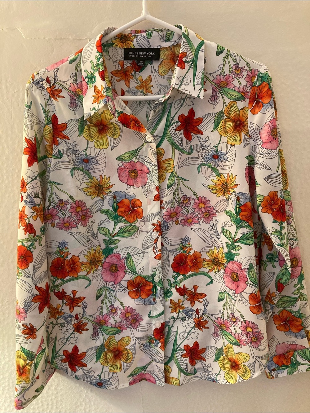 New Jones New York White Floral Button-Down Blouse with Orange & Pink Blooms